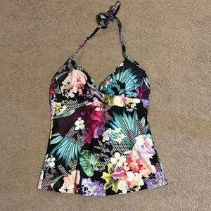 Hapari Black Halter Floral Tankini Top with Teal & Pink Accents Size 12-14 L